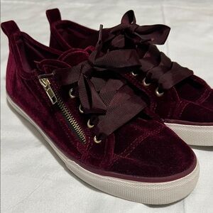 Women's Velvet Lace-Up Sneakers with Ribbon Laces in Burgundy